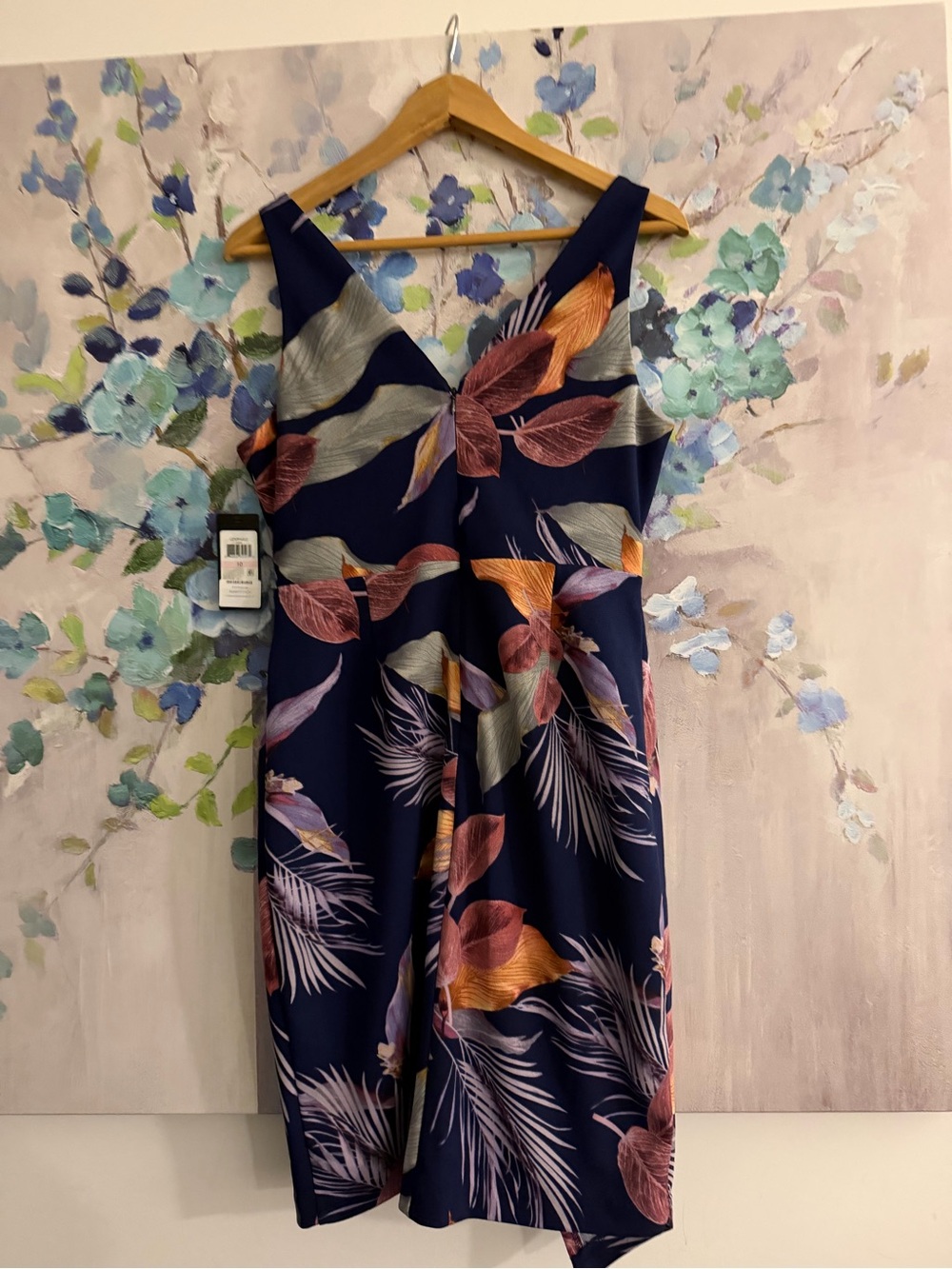 Guess Navy Tropical Floral Midi Dress with Pink and Orange Accents